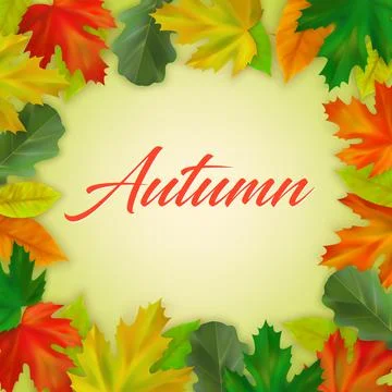 Fall maple and oak leaves on color background with inscription Autumn Stock Illustration