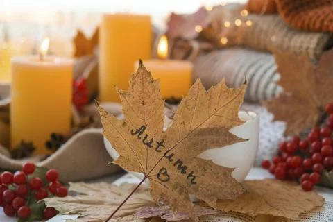 Fall maple leaf with text AUTUMN on Autumn season design concept. Candles on Stock Photos