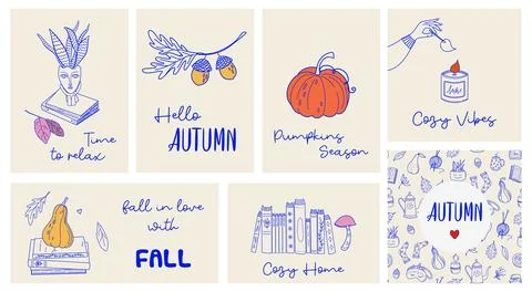 Fall mood cards set with essential autumn elements Stock Illustration