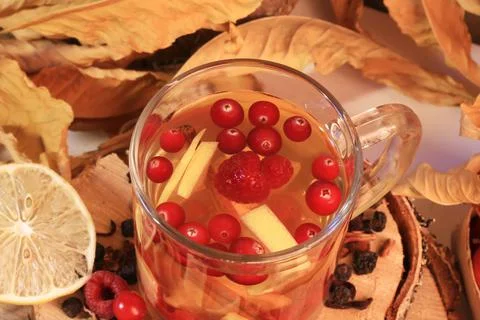 Fall mulled hot tea with fruit apple cranberry raspberry lemon Stock Photos
