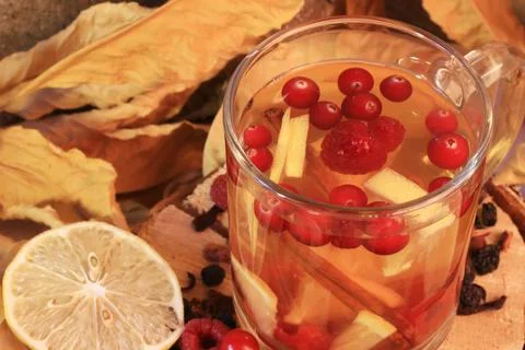 Fall mulled hot tea with fruit apple cranberry raspberry lemon Stock Photos
