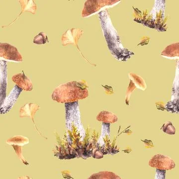 Fall mushrooms seamless pattern Boletus, Chanterelle, moos, leaves and acorn Stock Illustration