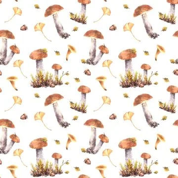 Fall mushrooms seamless pattern Boletus, Chanterelle, moos, leaves and acorn Illustrazione stock