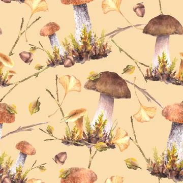 Fall Mushrooms seamless pattern. Boletus, Chanterelle with moos and leaves 스톡 일러스트