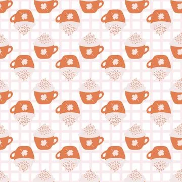 Fall Orange Pumpkin Spice Latte Coffee Seamless Pattern On Gingham Background Stock Illustration