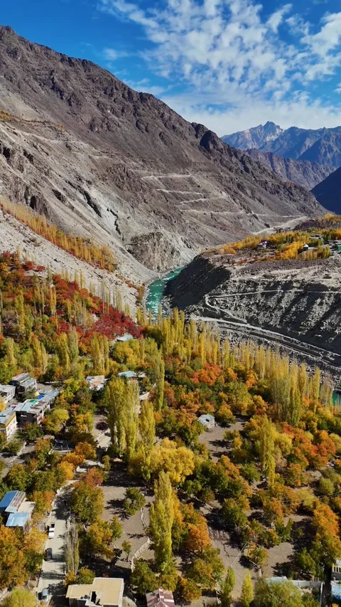 Fall over the Himalayas – vertical drone flying above Kargil’s hidden village. Stock Footage 310665366