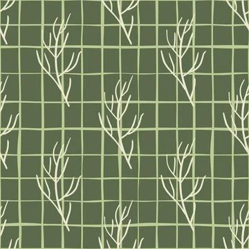 Fall palette seamless pattern with white contoured branches shapes. Green oli Stock Illustration