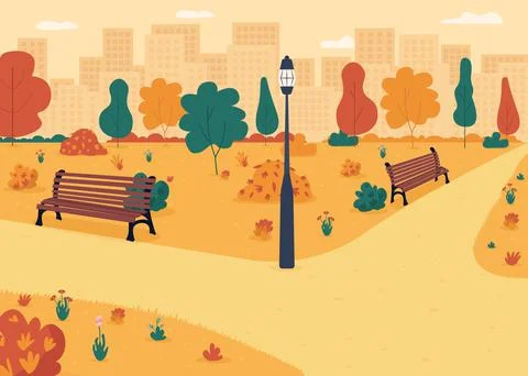 Fall park sidewalks flat color vector illustration Ilustración de archivo