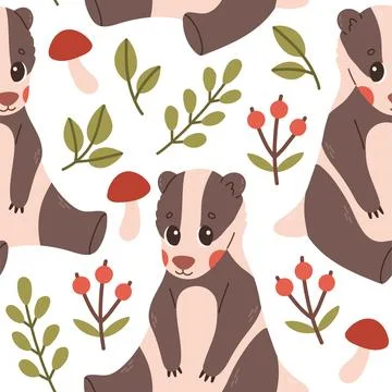 Fall pattern with badger. Seamless woodland pattern with leaves and cute forest Stock Illustration