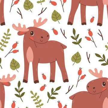 Fall pattern with elk. Seamless woodland pattern with leaves and cute forest Stock Illustration