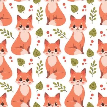 Fall pattern with fox. Seamless woodland pattern with leaves and cute forest 스톡 일러스트