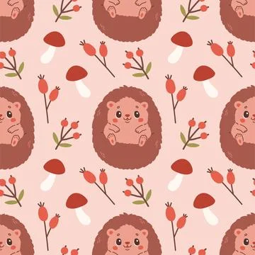 Fall pattern with hedgehog. Seamless woodland pattern with leaves and cute イラスト素材