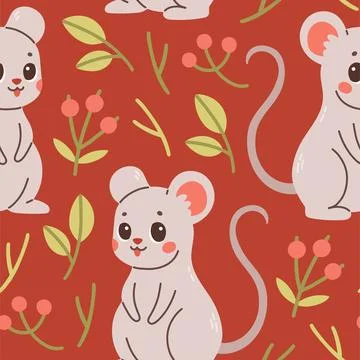 Fall pattern with mouse. Seamless woodland pattern with leaves and cute forest Stock Illustration