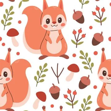Fall pattern with squirrel. Seamless woodland pattern with leaves and cute Stock Illustration