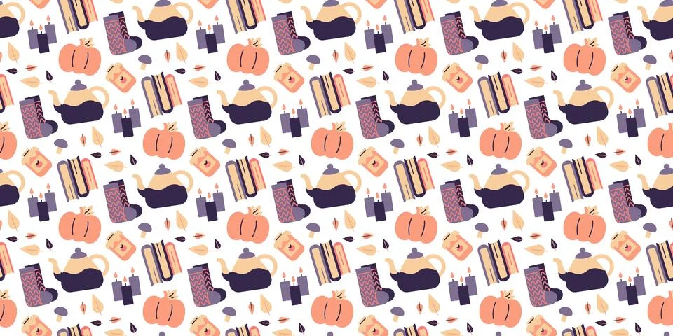 Fall pattern - tea, warm socks and books. Teapot, candles. Pumpkin, mushroom and Stock Illustration