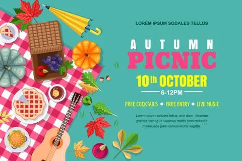Fall picnic horizontal background. Autumn Thanksgiving holiday vector poster, Stock Illustration