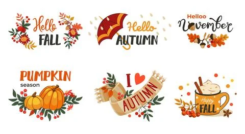 Fall pumpkin elements. Autumn typography. Cute season stickers with text. Cozy 스톡 일러스트