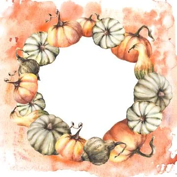 Fall pumpkins circle frame. Autumn vegetables harvest Watercolor painted Stock Illustration
