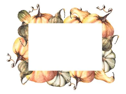 Fall pumpkins frame. Autumn vegetables harvest Isolated watercolor illustra.. Stock Illustration