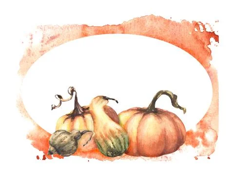 Fall pumpkins frame. Autumn vegetables harvest Isolated watercolor illustra.. Stock Illustration