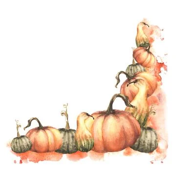 Fall pumpkins frame. Autumn vegetables harvest Isolated watercolor illustra.. Stock Illustration