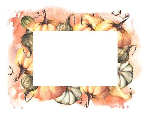 Fall pumpkins frame. Autumn vegetables harvest Isolated watercolor illustra.. Stock Illustration
