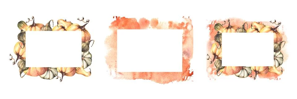 Fall pumpkins frame set Autumn vegetables harvest Isolated watercolor Stock Illustration