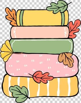 Fall Reading Autumn Bookish, Stack of Books and Scarf with Leaves Hand Drawn Stock Illustration