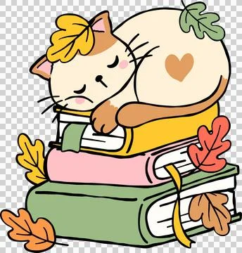 Fall Reading Bookish, Cat Sleeping on Stack of Books Hand Drawn Illustrazione stock