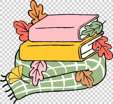 Fall Reading Bookish, Stack Book with Autumn Leaves on Scraf Hand Drawn Stock Illustration