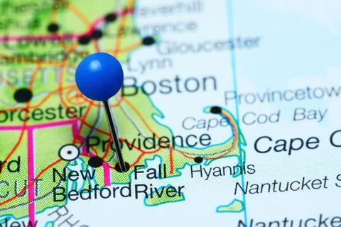 Fall River pinned on a map of Massachusetts, USA Stock Photos
