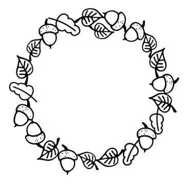 Fall round frame with hand drawn leaf and acorn on white background. Falling Illustrazione stock