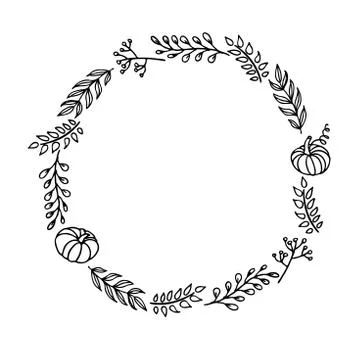 Fall round frame with hand drawn pumpkins, berries, twigs on white background Stock Illustration