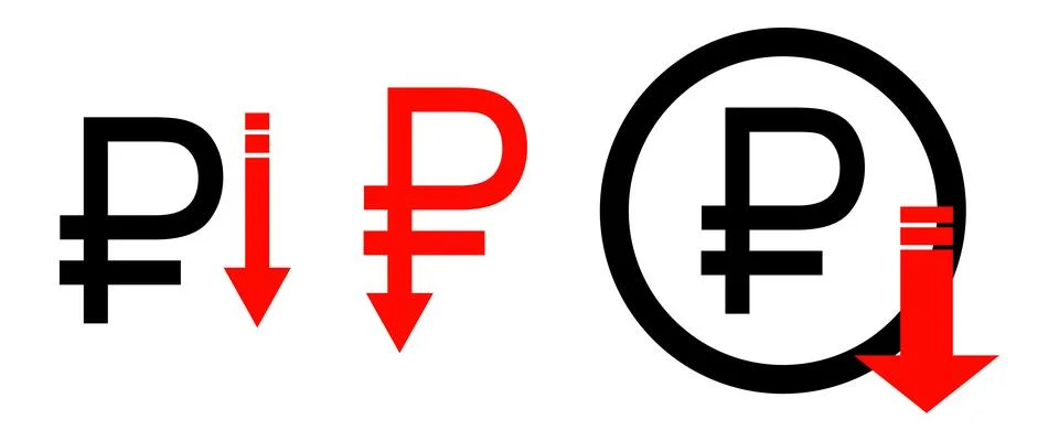 Fall of the ruble icon. Graffic down symbol. Sign ruble and arrow vector. Stock Illustration