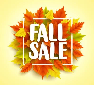 Fall sale text vector banner with colorful 3D realistic autumn maple leaves Illustrazione stock