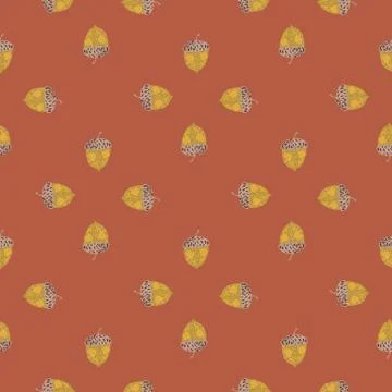 Fall seamless doodle pattern with hand drawn acorn shapes. Coral pastel backg Stock Illustration