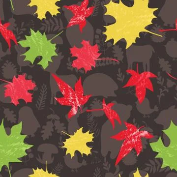 Fall Seamless forest pattern with stylized autumn leaves and cute animals sil Stock Illustration