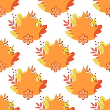 Fall seamless pattern. Autumn vector background. Colorful leaves, flowers, .. 스톡 일러스트