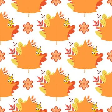 Fall seamless pattern. Autumn vector background. Colorful leaves, flowers, an 스톡 일러스트