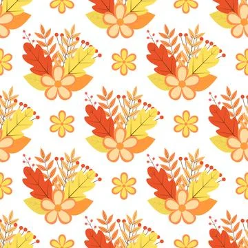 Fall seamless pattern. Autumn vector background. Colorful leaves, flowers a.. Stock Illustration