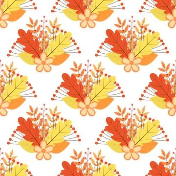 Fall seamless pattern. Autumn vector background. Colorful leaves, flowers, .. Stock Illustration