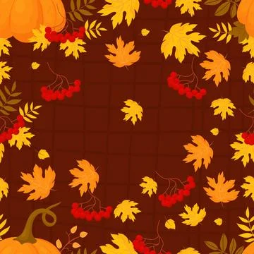 Fall seamless pattern. Bunches red rowan berry with autumn leaves with pumpkin Stock Illustration