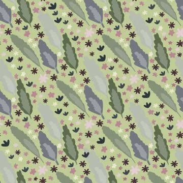 Fall seamless pattern with grey and green foliage elements. Little daisy flow 스톡 일러스트
