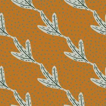 Fall seamless pattern with hand drawn grey outline leaf ornament. Ocher dotte Stock Illustration