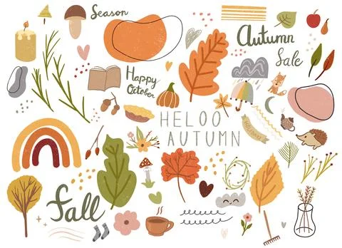 Fall season autumn doodle elements illustration icon set isolated on white 库存插图
