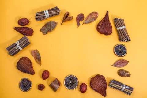 Fall season flat lay frame with text copy space. Stock Photos