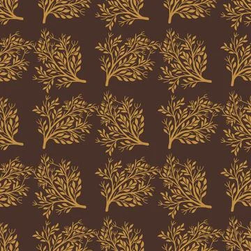 Fall season seamless pattern with orange tree silhouettes shapes. Brown backg Stock Illustration
