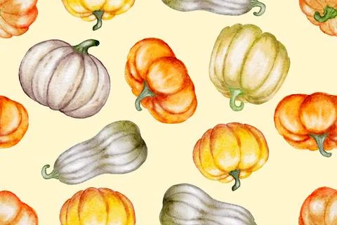 Fall season seamless pattern with pumpkins on cream background. Autumn vector Stock Illustration