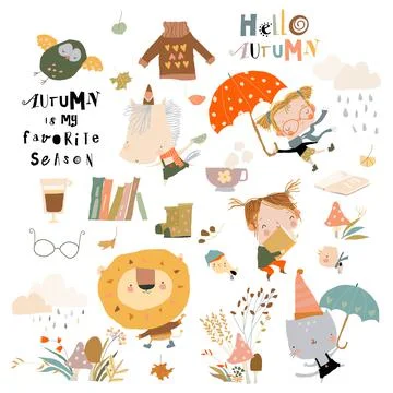 Fall set with cute animals and funny kids Stock Illustration