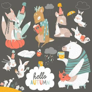 Fall set with cute forest animals in cartoon style Stock Illustration